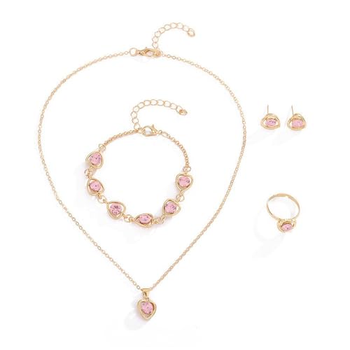 TTPSRY 4 Stück Schmuckset Damen Halskette Armband Ring Ohrringe Herz Kristall Zirkonia Brautschmuck Set Schmuckset Weihnachten Party Geschenke für Mädchen (Rosa) von TTPSRY