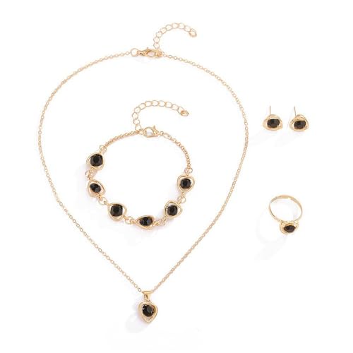 TTPSRY 4 Stück Schmuckset Damen Halskette Armband Ring Ohrringe Herz Kristall Zirkonia Brautschmuck Set Schmuckset Weihnachten Party Geschenke für Mädchen (Schwarz) von TTPSRY