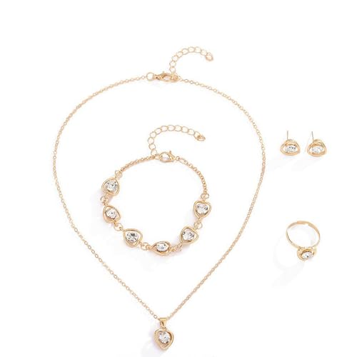 TTPSRY 4 Stück Schmuckset Damen Halskette Armband Ring Ohrringe Herz Kristall Zirkonia Brautschmuck Set Schmuckset Weihnachten Party Geschenke für Mädchen (Weiß) von TTPSRY