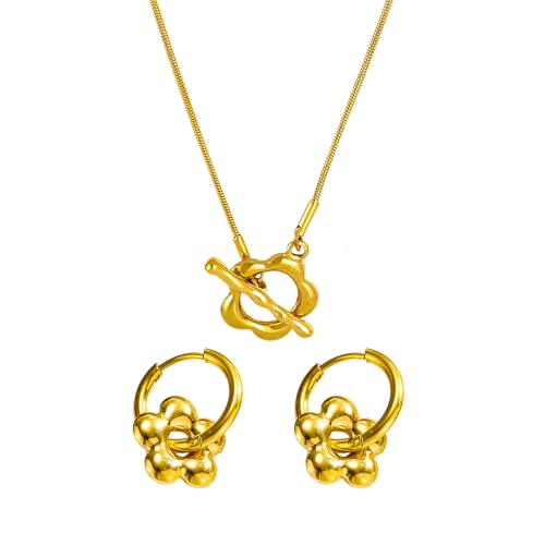 TTPSRY Blumen Schmuckset Halskette Ohrringe Damen Edelstahl Creolen Anhänger Elegant Hochwertig Schmuck Klassisch Zeitlos von TTPSRY