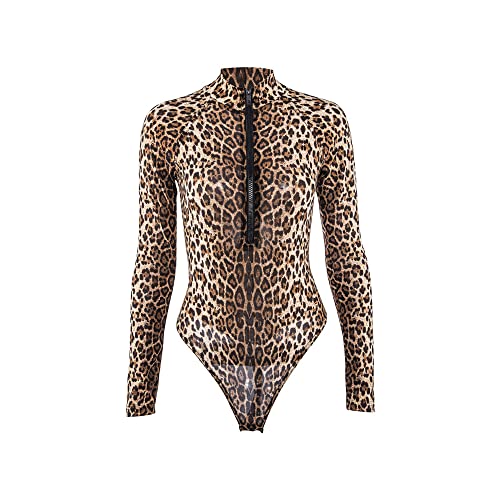 TTPSRY Body Damen Rollkragen Bodysuit Langarm Weich Stretchy Tops Leopard Print Slim Fit Sexy V-Ausschnitt Reißverschluss vorne Leotard Jumpsuit Perfekte Kleidung für Casual Partywear (M) von TTPSRY