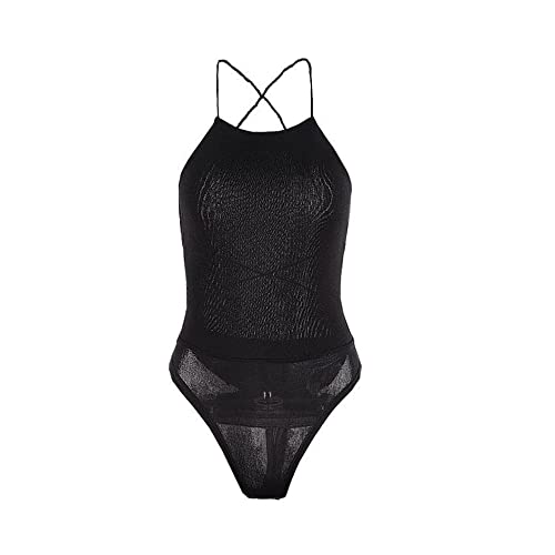 TTPSRY Bodys für Damen Sexy Bodysuit Top Rückenfrei Crossbands Neckholder Bodies Spaghettiträger Ohne Ärmel Oberteil Quadratischer Ausschnitt (Schwarz, L) von TTPSRY