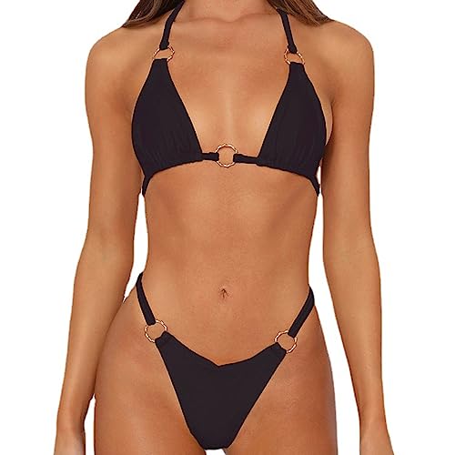 TTPSRY Damen Bikini Set Badeanzüg Push Up mit Dreieck Cup Spaghetti Zweiteilige Badebekleidung Bademode (Schwarz/M) von TTPSRY
