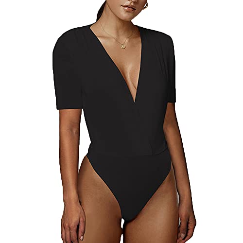 TTPSRY Damen Kurzarm Bodysuit V-Ausschnitt Slim Body Oberteil Overall Sexy Unterziehbody Blusebody Elegant Schmal Casual Basic Tops (Schwarz/L) von TTPSRY