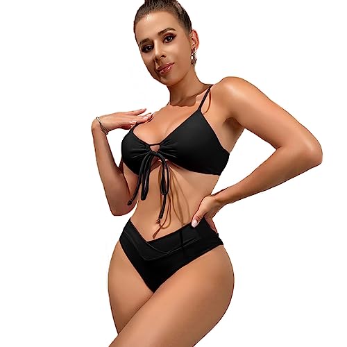 TTPSRY Damen Zweiteilig Bikini Set Push Up Zierausschnitten Lace Up Bikini Sets Badeanzug Strandbikini Swimsuit (Schwarz/M) von TTPSRY