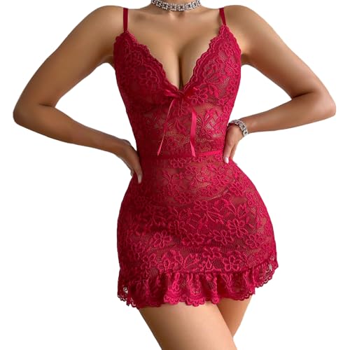 TTPSRY Dessous Damen Sexy Reizwäsche V Ausschnitt Spitzen Romantische Nachtwäsche Babydoll Reizwäsche Kleid mit Atmungsaktive Triangel Tanga für Ehefrau Freundin(Rot M) von TTPSRY