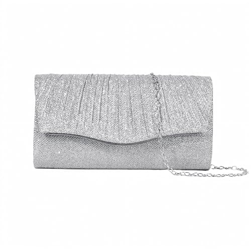 TTPSRY Elegante Abendtasche Damen Clutch Umhängetasche Klein Handtasche Brauttasche mit Glitzer und Abnehmbarer Kette(Silber) von TTPSRY