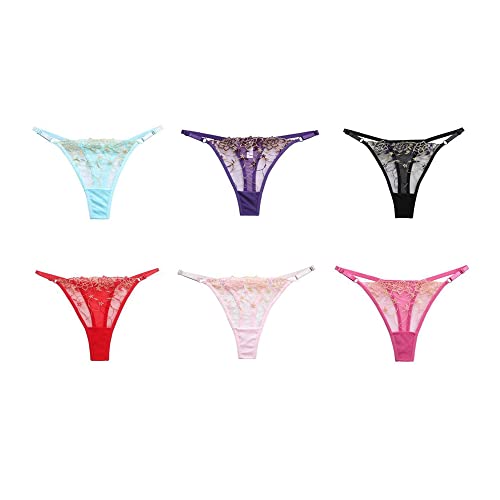 TTPSRY G-String Tangas für Frauen 6er-Pack Sexy Floral Mesh Panties Thongs Stickerei Medium Rise Taille Bikini Unterwäsche für Damen T-Back Tangas Knickers Multipack (M) von TTPSRY