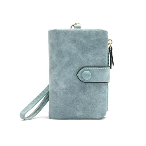 TTPSRY Geldbörse Damen Trifold Druckknopf Portemonnaie PU Leder Klein Münzfach Kurzer Geldbeutel Reißverschluss Viel Fächer Kartenfächer Kurzformat Portemonnaie Einfachheit Geschenk（Blau） von TTPSRY