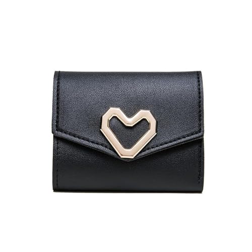 TTPSRY Geldbörse Damen Trifold Herzförmiger Druckknopf Portemonnaie PU Leder Klein Münzfach Kurzer Geldbeutel Reißverschluss Viel Fächer Kartenfächer Elegante und Süße für Mädchen（Schwarz） von TTPSRY