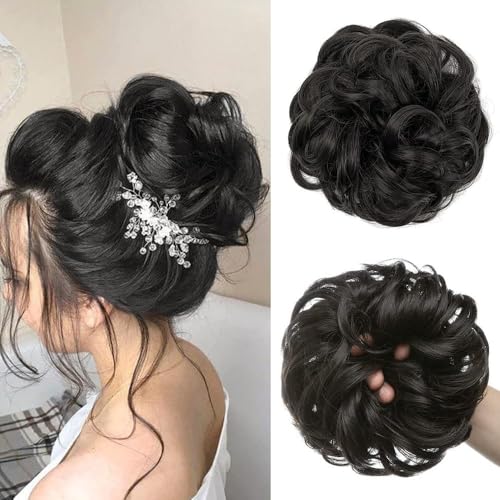 TTPSRY Haarteil mit Gummiband Groß Dutt Haarteil Haargummi mit Haaren Gelockt Haardutt Echthaar Haarverlängerung Pferdeschwanz Messy Bun Haarteile für Damen Mädchen Pferdeschwanz（Schwarz） von TTPSRY