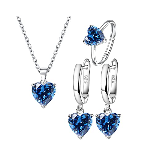 TTPSRY Herzförmig Schmuckset für Damen Kristall Halskette Ohrstecker Ring Set für Braut Zirkonia Brautjungfer Silber Schmuck (Blau) von TTPSRY