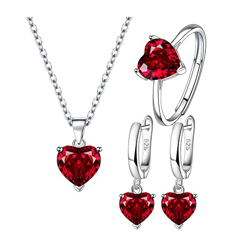 TTPSRY Herzförmig Schmuckset für Damen Kristall Halskette Ohrstecker Ring Set für Braut Zirkonia Brautjungfer Silber Schmuck (Rot) von TTPSRY