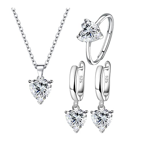 TTPSRY Herzförmig Schmuckset für Damen Kristall Halskette Ohrstecker Ring Set für Braut Zirkonia Brautjungfer Silber Schmuck (Weiß) von TTPSRY