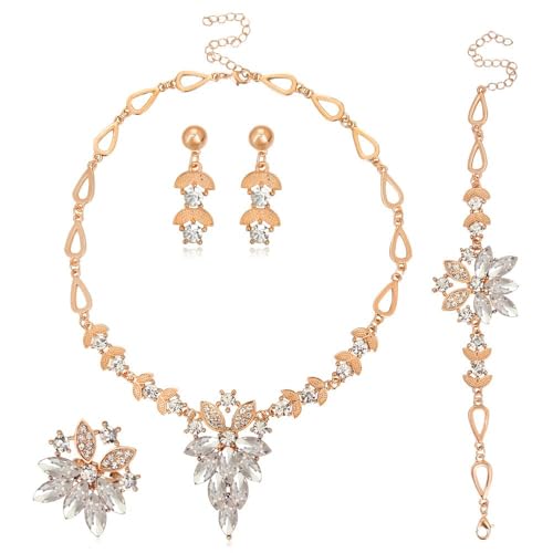 TTPSRY 4 Stück Blumenblatt Schmuckset Kristall Halskette Armband Ohrringe Ring Damen Schmuck Hochwertig Elegant Luxuriös Juwelenkollektion von TTPSRY