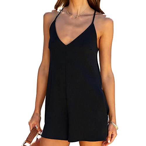 TTPSRY Jumpsuit Kurz Einteiler Overall für Damen Romper Hosenanzug Ärmellos mit Taschen Verstellbare Hosenträger Onesie Sommer Outfits (Schwarz/L) von TTPSRY