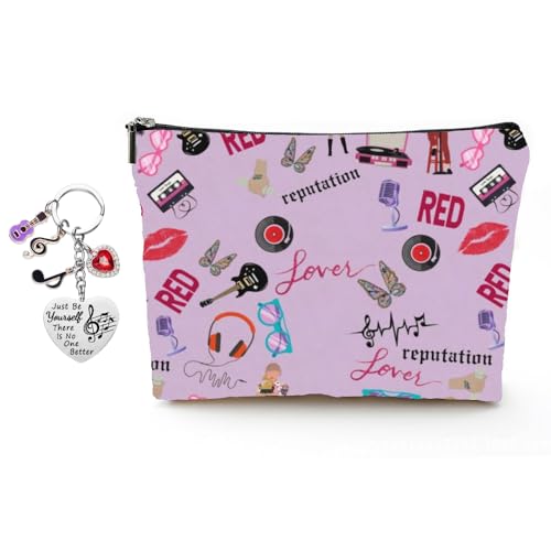 Ttpsry Stilvolle Make Up Tasche Mit Musikund Liebesmotiven Schlüsselanhänger Set Kosmetiktasche Für Reisen Und Alltag Schminktasche Mit Reißverschluss Kulturbeutel Für Damen 2 Teiliges Set(Wei? A) von TTPSRY