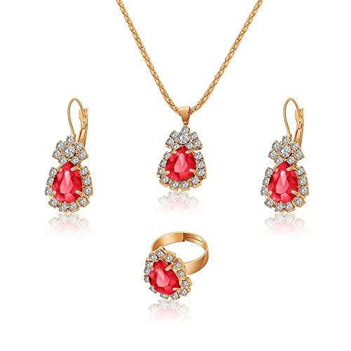 TTPSRY Kristall Brautschmuck Set für Frauen Strass Halskette Ohrringe Ring Hochzeit Brautjungfer Schmuck Set (Rot) von TTPSRY