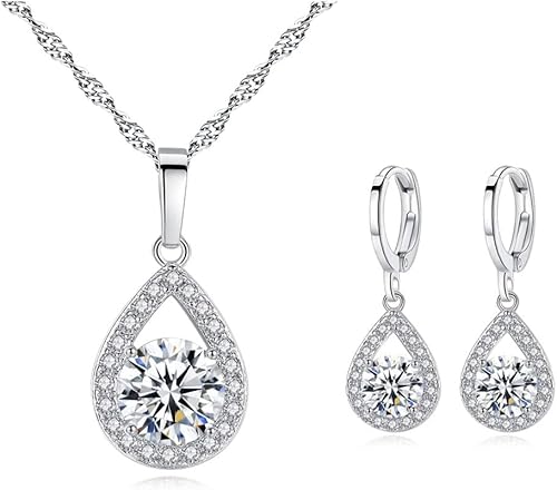 TTPSRY Tropfenform Schmuckset Zirkonia Halskette Ohrringe Damen Silber Kette Anhänger Klassisch Elegant Zeitlos Schmuck von TTPSRY