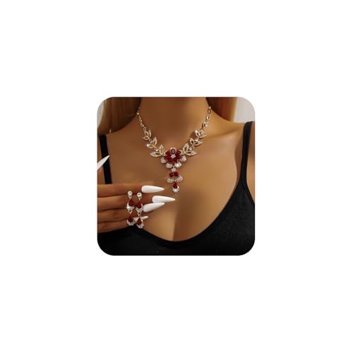 TTPSRY Kristall Schmuckset für Damen Floral Teardrop Halskette und Ohrringe Boho Statement Hypoallergener Modeschmuck für Alltag und festliche Anlässe (Rot) von TTPSRY