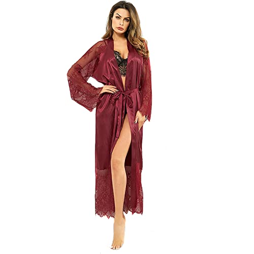 TTPSRY Morgenmantel Bademäntel für Damen Lang Seide Satin Sexy Schwarz Kimono Bademantel für Braut Brautjungfer Frauen mit Gürtel Blumenspitze Lange Nachtwäsche Robe Pajama Party (Rot, XL) von TTPSRY