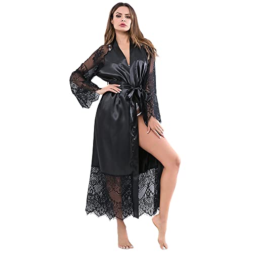 TTPSRY Morgenmantel Bademäntel für Damen Lang Seide Satin Sexy Schwarz Kimono Bademantel für Braut Brautjungfer Frauen mit Gürtel Blumenspitze Lange Nachtwäsche Robe Pajama Party (Schwarz, 3XL) von TTPSRY