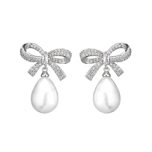 TTPSRY Schleife Tropfen Ohrringe Zirkonia Schmuck Perle Ohrstecker Damen Elegant Braut Hochzeit Jubiläum Schmuckstück von TTPSRY