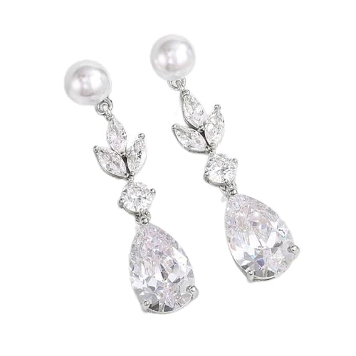 TTPSRY Elegante Tropfen Ohrringe Zirkonia Perle Blatt Schmuck Damenohrringe Hochzeitsschmuck Brautschmuck Silberfarben Kristall Ohrhänger von TTPSRY