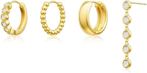 TTPSRY 4 Stück Huggie Creolen Set Zirkonia Ohrringe Kugelkette Tropfen Ohrstecker Damen Schmuck Goldfarben Elegant Zeitlos von TTPSRY