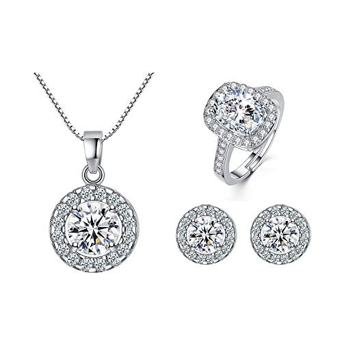 TTPSRY Runde Schmuckset Silber Damen Kette Ohrringe Ring Set mit Zirkonia Stein für Fraun & Mädchen Geschenk von TTPSRY