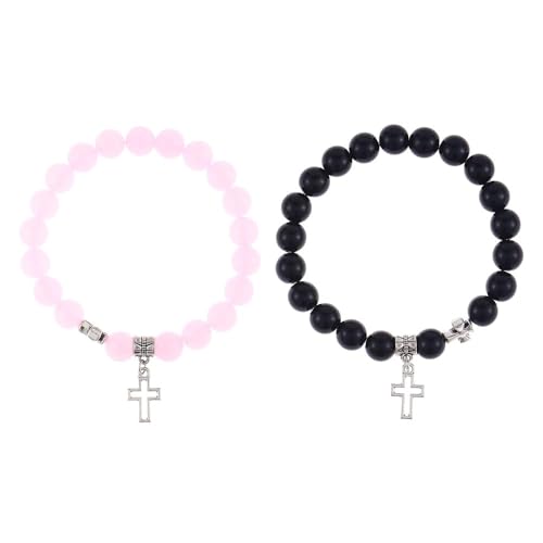 TTPSRY Elegantes Armband Set Aus Naturstein Für Paare Schwarz Und Rosa Perlenarmbänder Mit Kreuzanhänger Verstellbares Design Hochwertiger Schmuck Für Frauen Und Männer Freundschaftsarmbänder 2 Stück von TTPSRY