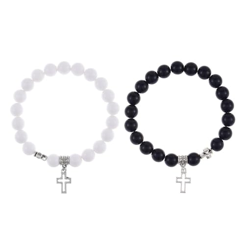 TTPSRY Elegantes Armband Set Aus Naturstein Für Paare Schwarz Und Rosa Perlenarmbänder Mit Kreuzanhänger Verstellbares Design Hochwertiger Schmuck Für Frauen Und Männer Freundschaftsarmbänder 2 Stück von TTPSRY