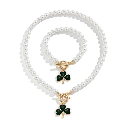TTPSRY Kleeblatt Perlenkette Armband Set Damen Schmuckset Perlen Halskette Toggle Verschluss Glücksbringer Anhänger Schmuck von TTPSRY
