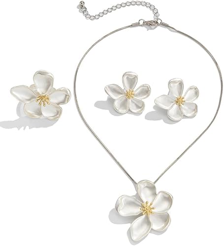 TTPSRY 3 Stück Blumen Schmuckset Halskette Ohrringe Ring Elegante Perlmutt Optik Damen Accessoires Hochzeit Schmuck von TTPSRY