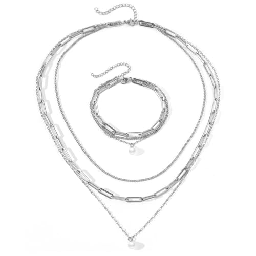 TTPSRY Mehrschichtige Perlenkette Armband Schmuckset Edelstahl Gliederkette Layered Halskette Perlenanhänger Schmuck von TTPSRY