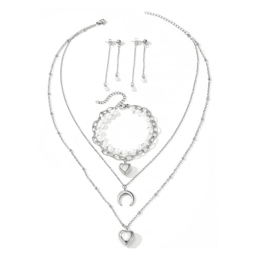 TTPSRY Mond Herz Perlen Schmuckset Mehrschichtige Halskette Armband Ohrringe Edelstahl Damen Accessoires Schmuck Kollektion von TTPSRY