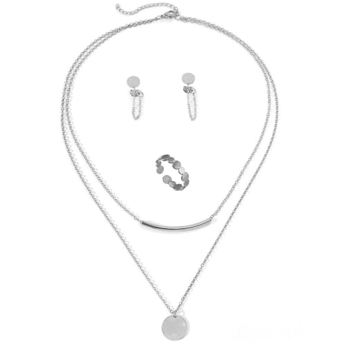 TTPSRY Schmuckset Mehrschichtige Halskette Stab Medaillon Ohrringe Ring Edelstahl Schmuck Damen Accessoires Silberton Elegant Zeitlos von TTPSRY