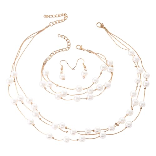 TTPSRY 3teiliges Mehrreihiges Perlen Schmuckset Halskette Armband Ohrringe Damen Schmuck Elegant Zeitlos von TTPSRY