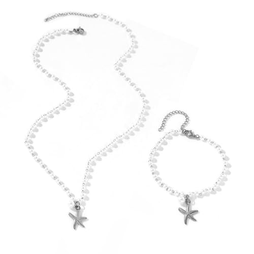 TTPSRY Seestern Perlen Schmuckset Halskette Armband Edelstahl Anhänger Maritim Sommer Damen Accessoires Meeresschmuck Strand Muschel von TTPSRY