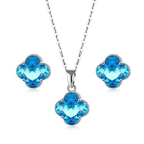 TTPSRY Vierblättriges Kleeblatt Schmuckset für Damen Kristall Halskette Ohrstecker Set für Braut Zirkonia Brautjungfer Schmuck (Blau) von TTPSRY