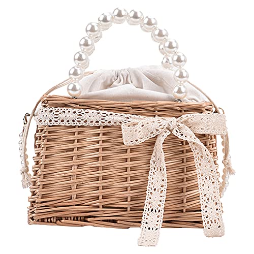 TTSAM Strandtasche Damen Rattan Woven Lace Perlenkette Korb Schulter Crossbody Umhängetasche Casual Damen Sommer Strand Urlaub Kordelzug Kleine Top-Griff Tote Handtaschen von TTSAM