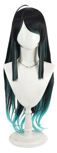 TTYAO REII Anime Perücke Cosplay Farbverlauf Schwarz Türkis Synthetische Langes Lockiges Haar mit Pony Kostüm Perücke Halloween Rollenspiel von TTYAO REII