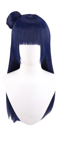 TTYAO REII Dunkelblaue Anime-Cosplay-Perücke mit Dutt, langes glattes Haar mit Pony, Kunstfaser-Perücke für Karnevalsparty von TTYAO REII