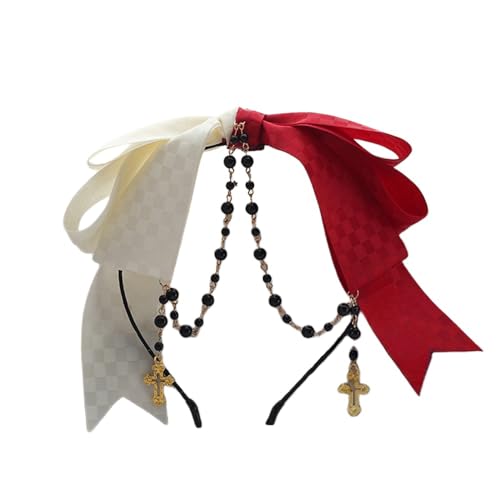 TTYAO REII Haarreif mit Schleife, Halb Rot, halb Weiß, Haarschmuck mit Perlenketten, Mädchen, Lolita, Haarschmuck von TTYAO REII
