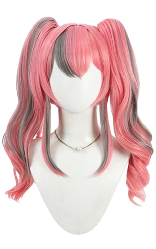 TTYAO REII Rosa Strähnen graue Doppel-Pferdeschwanz-Perücke, lang, lockig, Cosplay-Haar, synthetisches Haarteil für Mottoparty von TTYAO REII