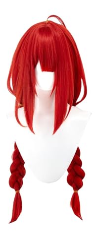 TTYAO REII Rote lange geflochtene Anime-Perücke, Cosplay, doppelte Zöpfe, Haare mit Pony, Kunstfaser-Perücke für Kostümparty von TTYAO REII