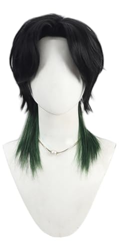 TTYAO REII Schwarz-grüne Vokuhila-Kopf-Perücke, lang, Anime-Cosplay-Haar-Spiel-Cos-Kostüm-Perücke mit Pony, Kunsthaar von TTYAO REII