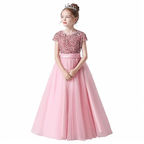 TTYAOVO Blume Mädchen Kleid Hochzeit Party Pailletten Festzug Kleid Größe 130(6-7 Jahre, 36 Rosa) von TTYAOVO