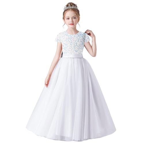 TTYAOVO Blume Mädchen Kleid Hochzeit Party Pailletten Festzug Kleid Größe 140(8-9 Jahre, 36 Weiß) von TTYAOVO