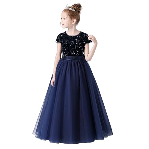 TTYAOVO Blume Mädchen Kleid Hochzeit Party Pailletten Festzug Kleid Größe 150(9-10 Jahre, 36 Marineblau) von TTYAOVO